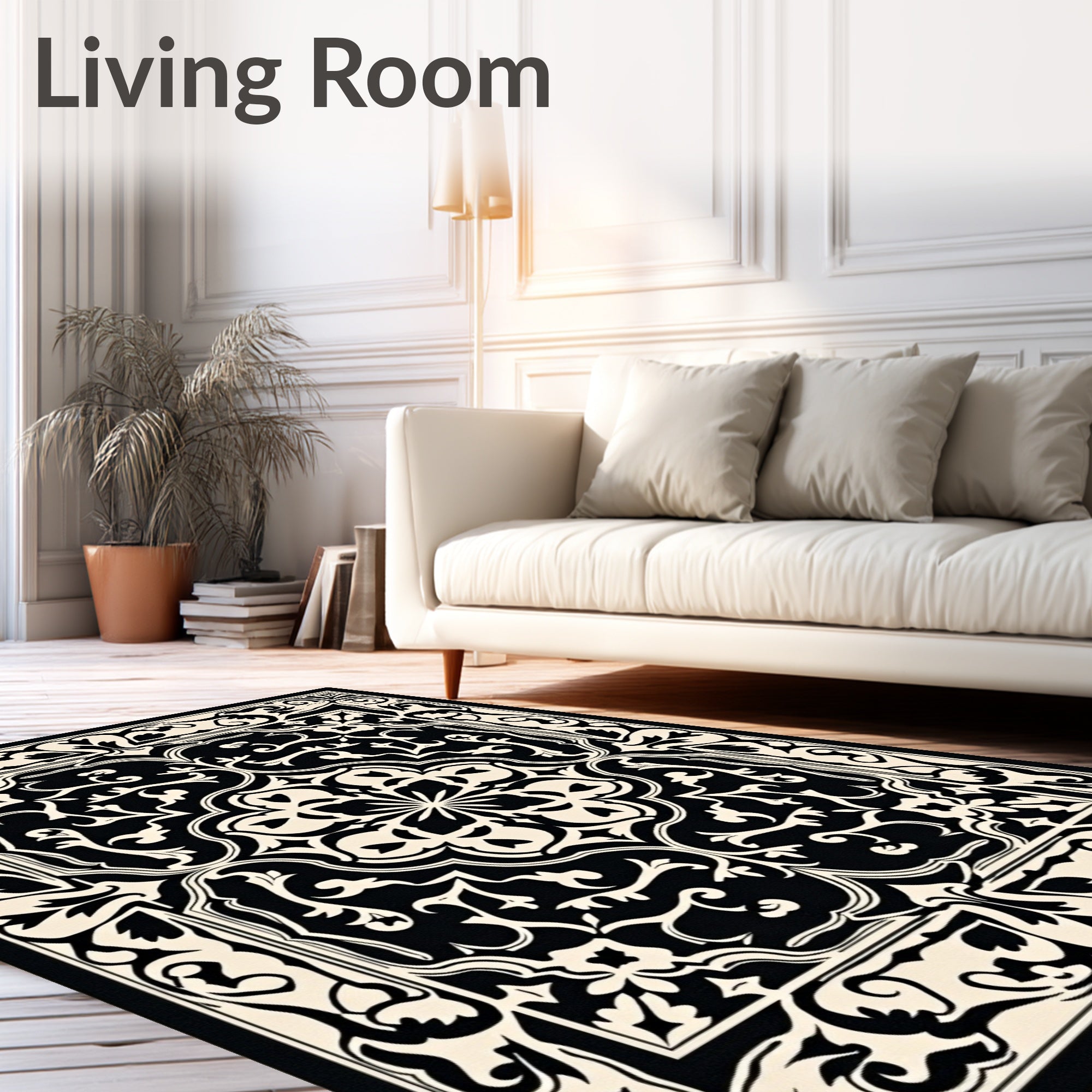 Classic Black White Floral Medallion Design Rug