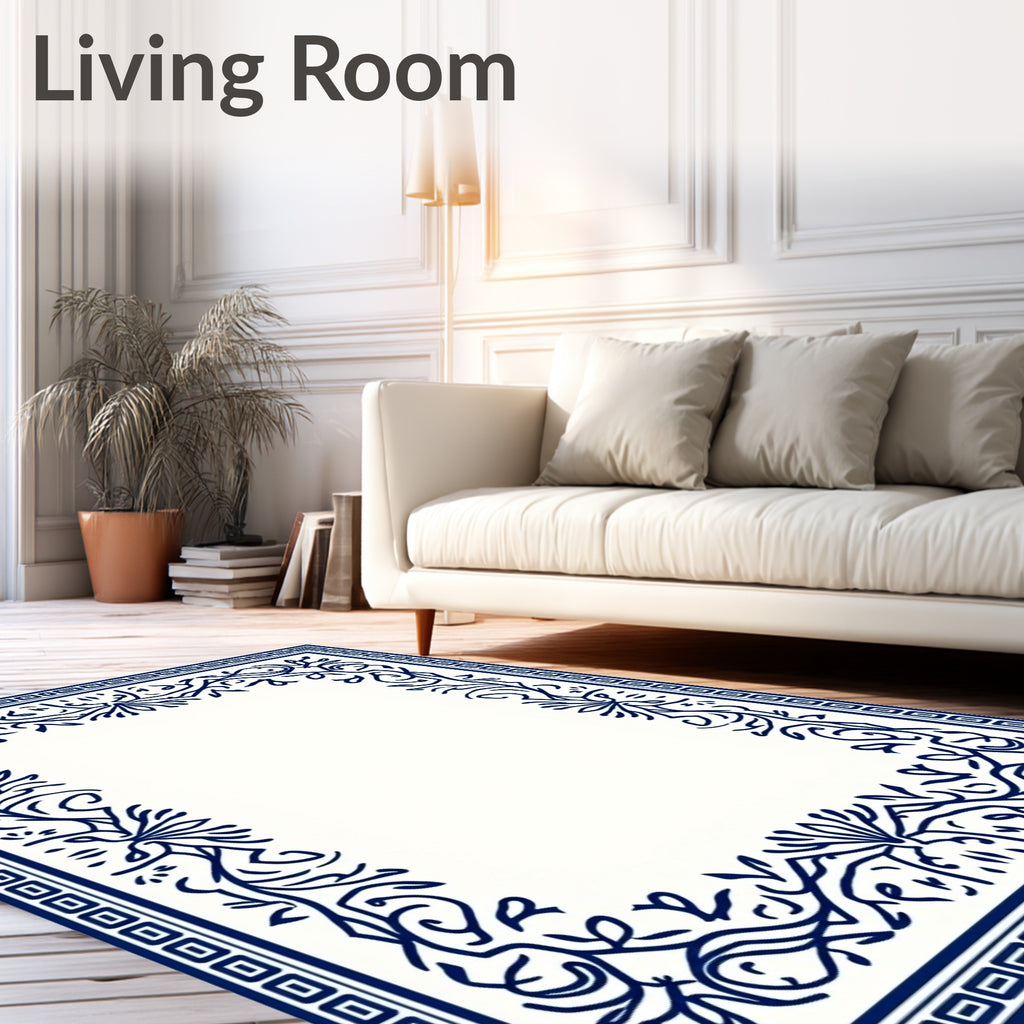 Elegant Blue Floral Border Pattern Rug