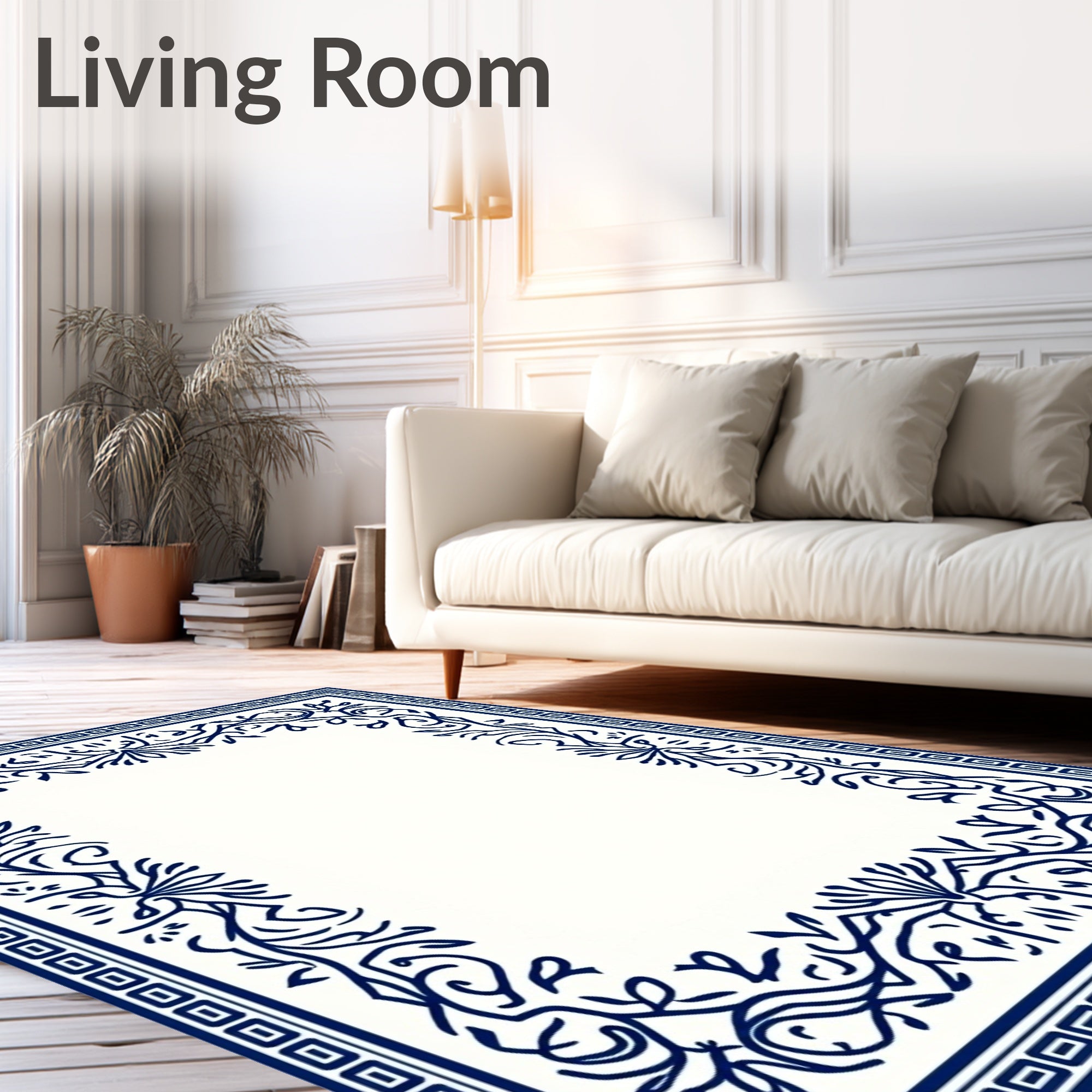 Elegant Blue Floral Border Pattern Rug