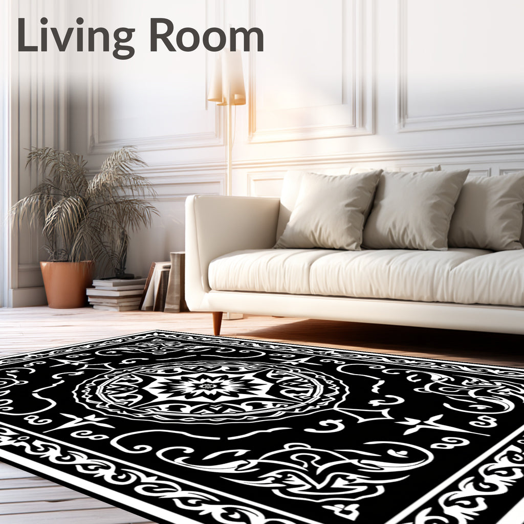 Intricate Black White Floral Medallion Rug