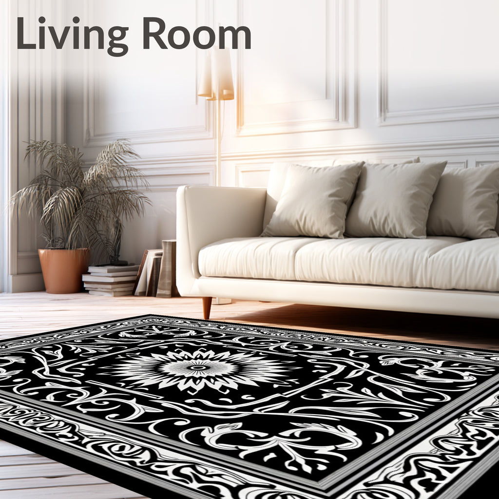 Ornate Floral Sunburst Black White Rug