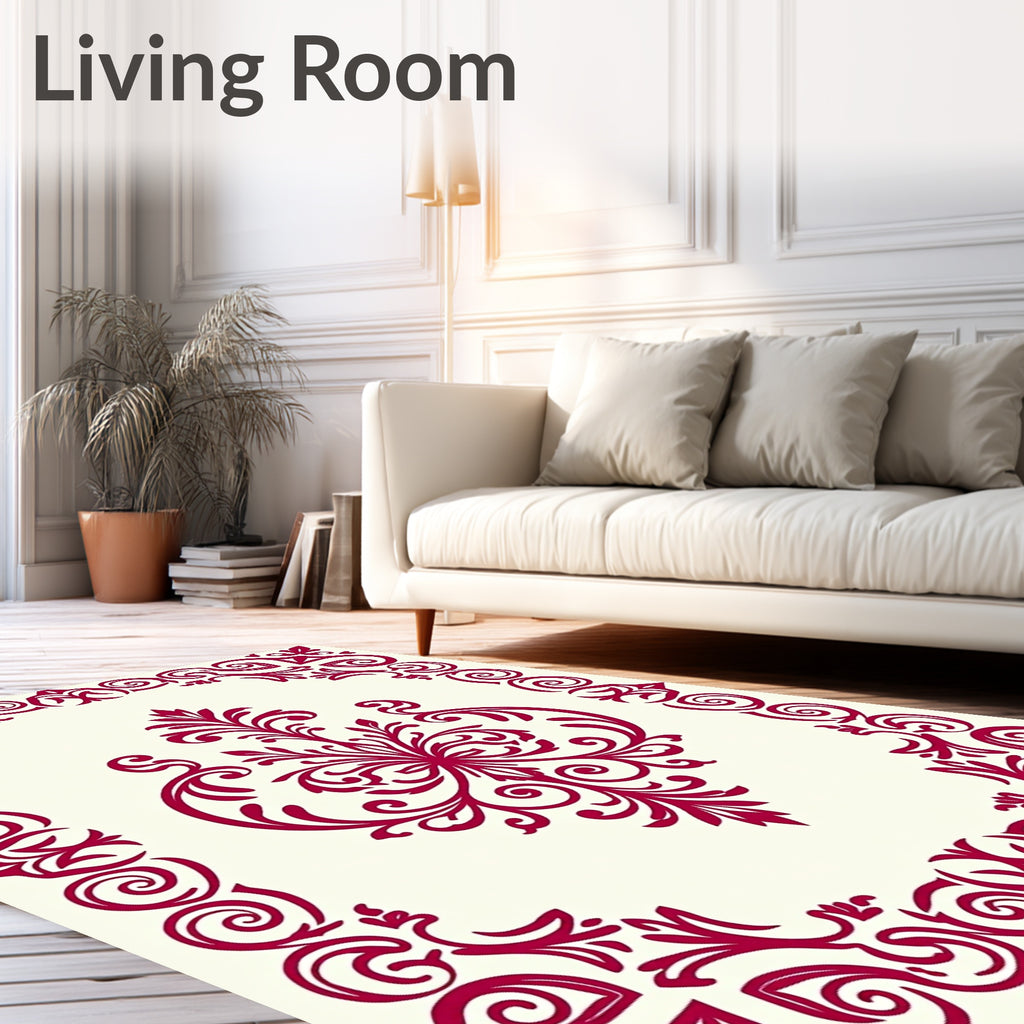 Regal Red Floral Scroll Pattern Rug