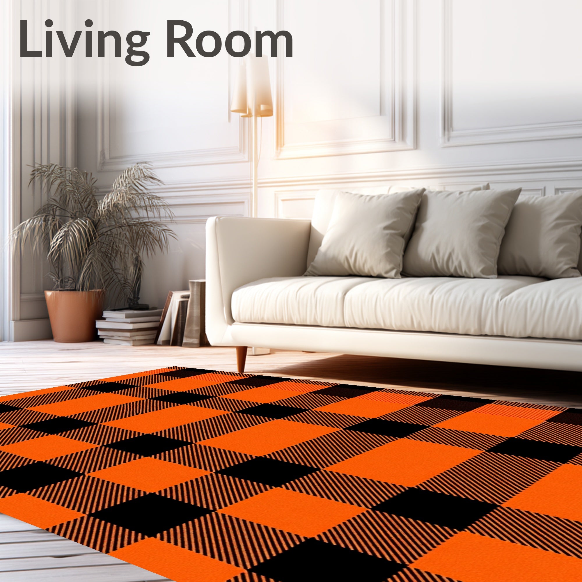 Bold Orange and Black Plaid Design Rug