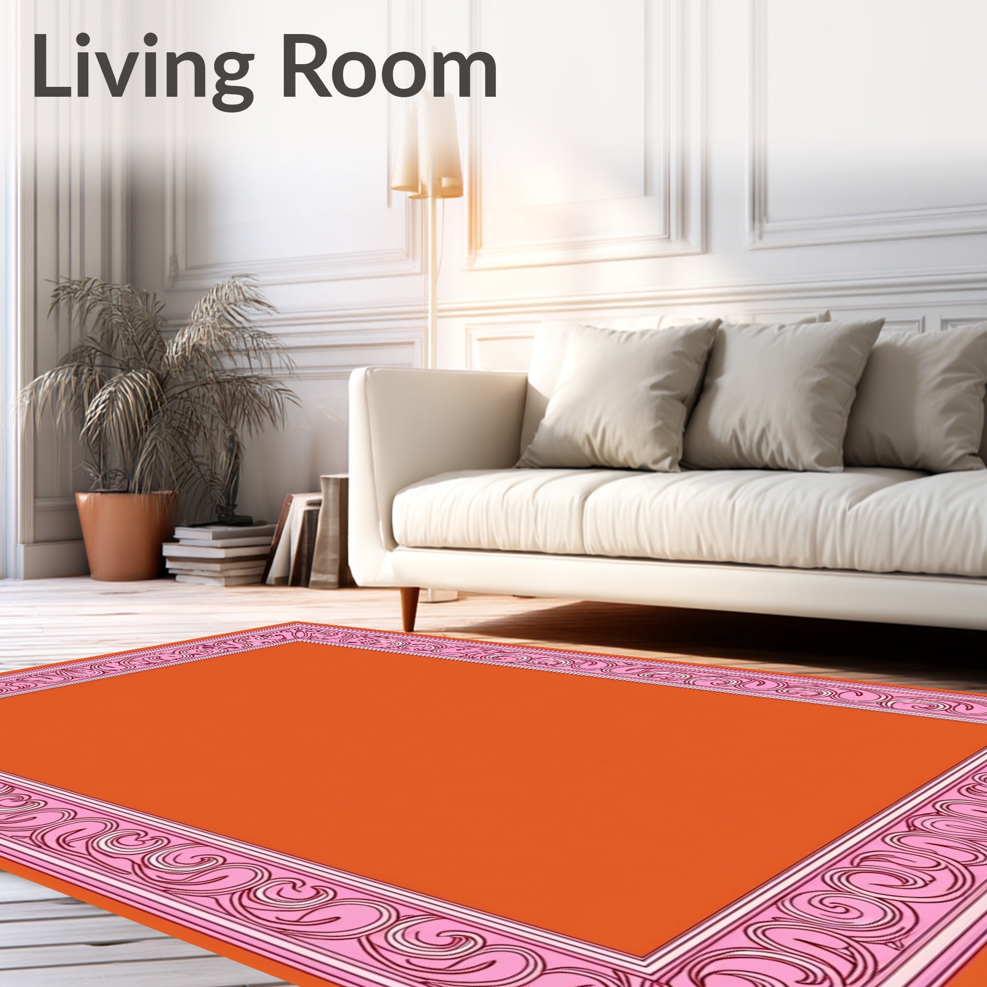 Pink Swirl Bordered Orange Print Rug