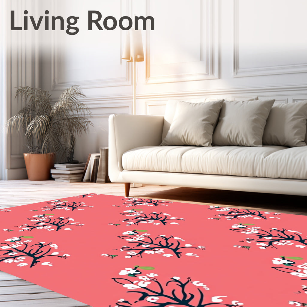 Pink Whimsical Blossom Branch Pattern Rug