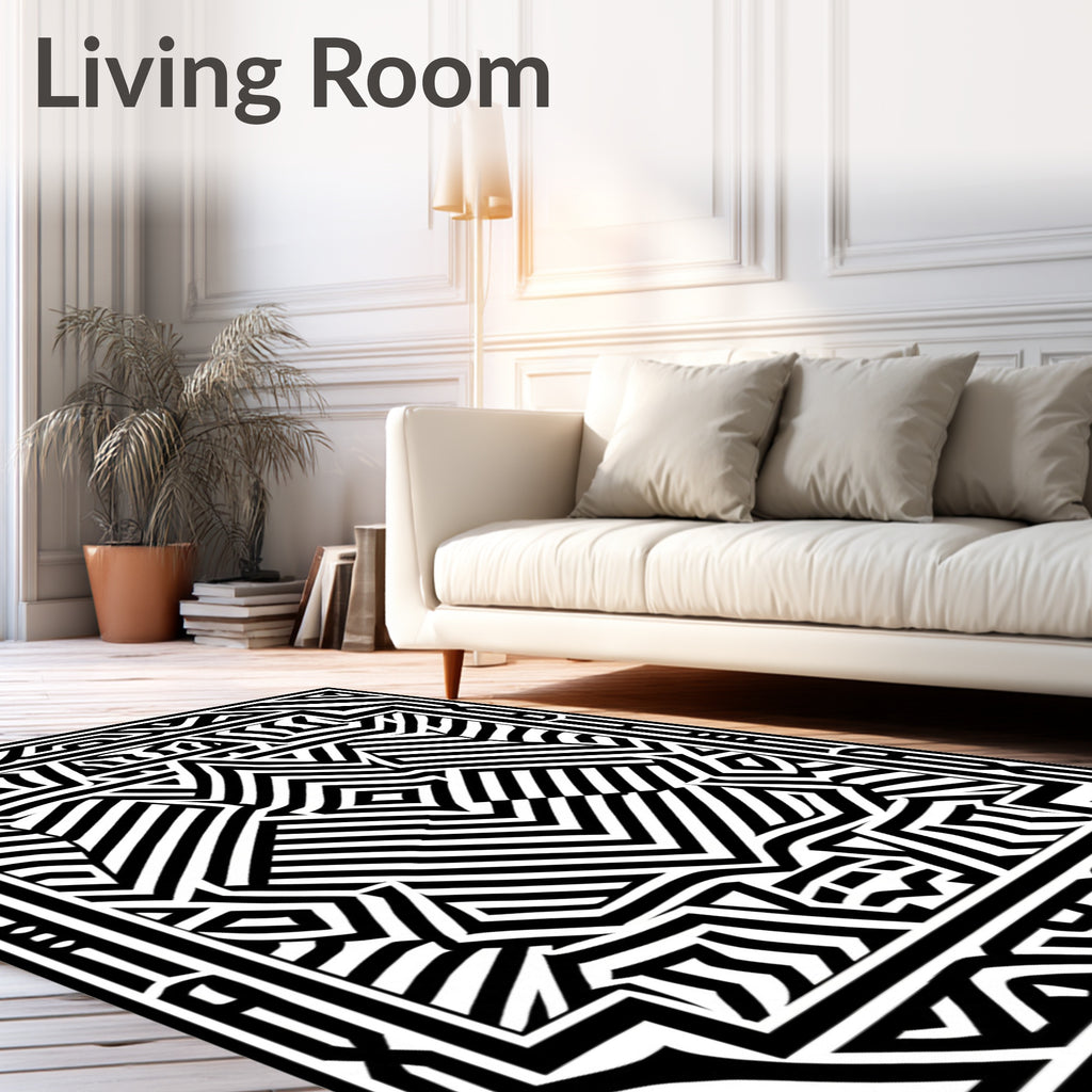 Black and White Abstract Geometric Maze Design Rug