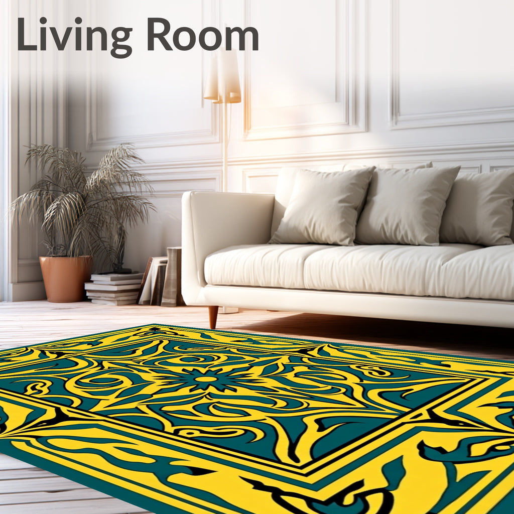 Bold Teal Yellow Floral Motif Rug