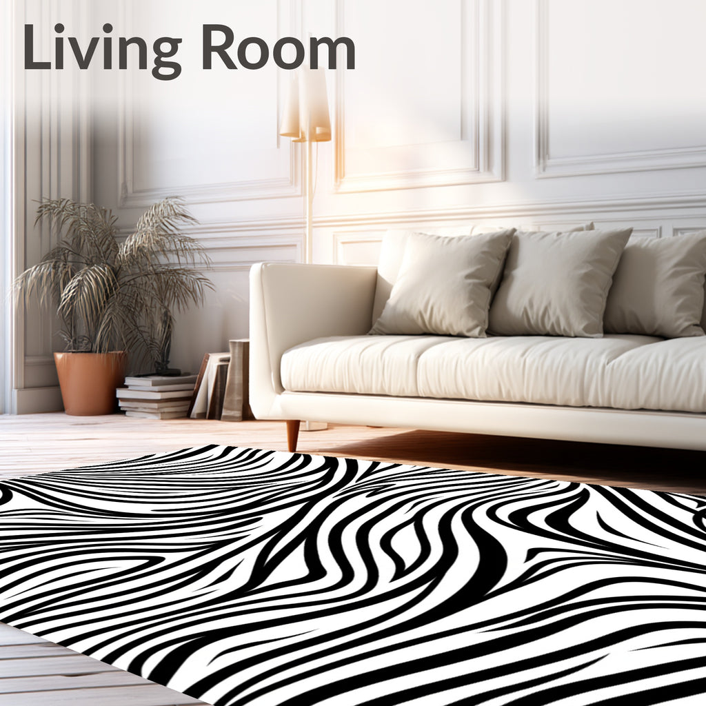 Bold Abstract Black White Waves Rug