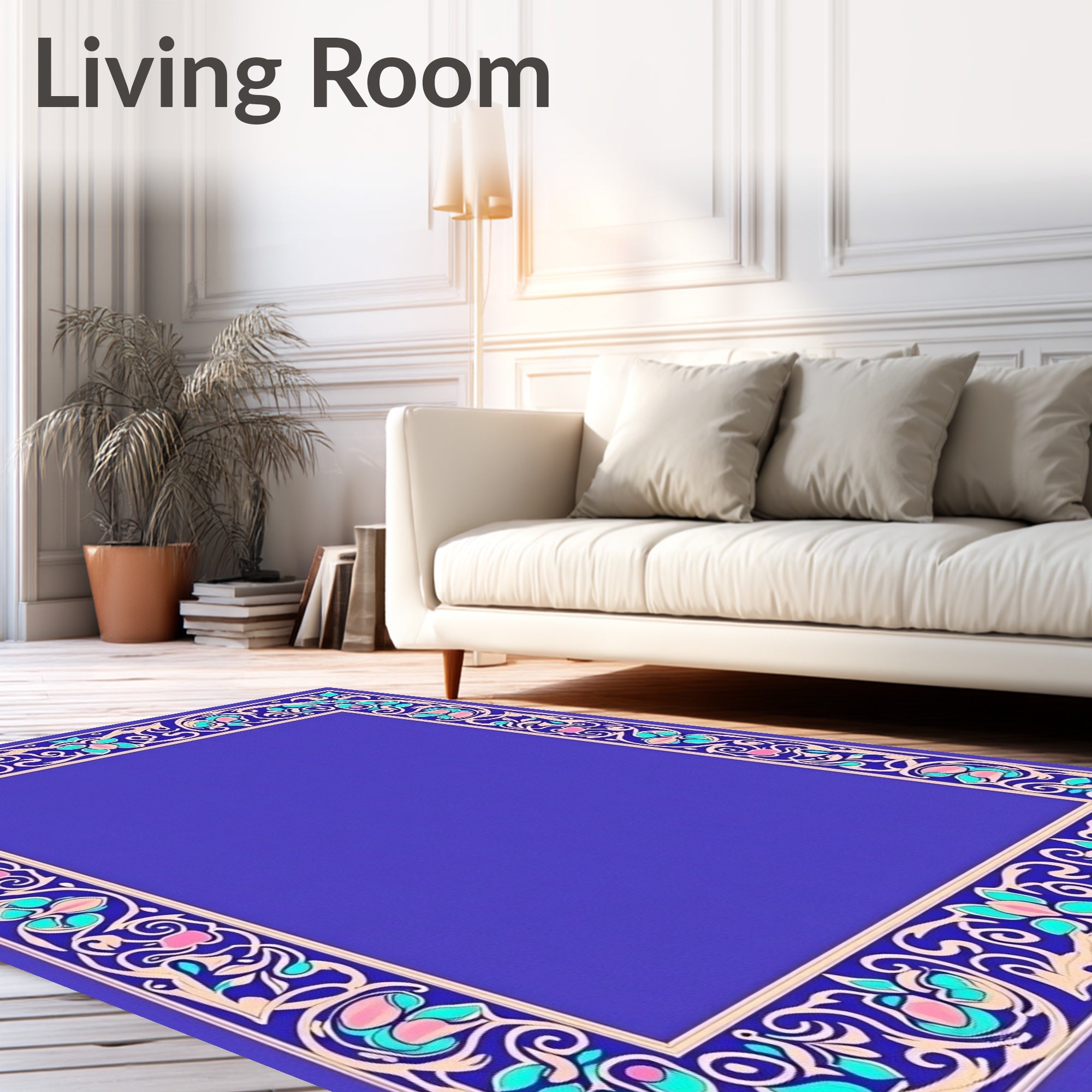 Ornate Floral Scrollwork Blue Border Rug