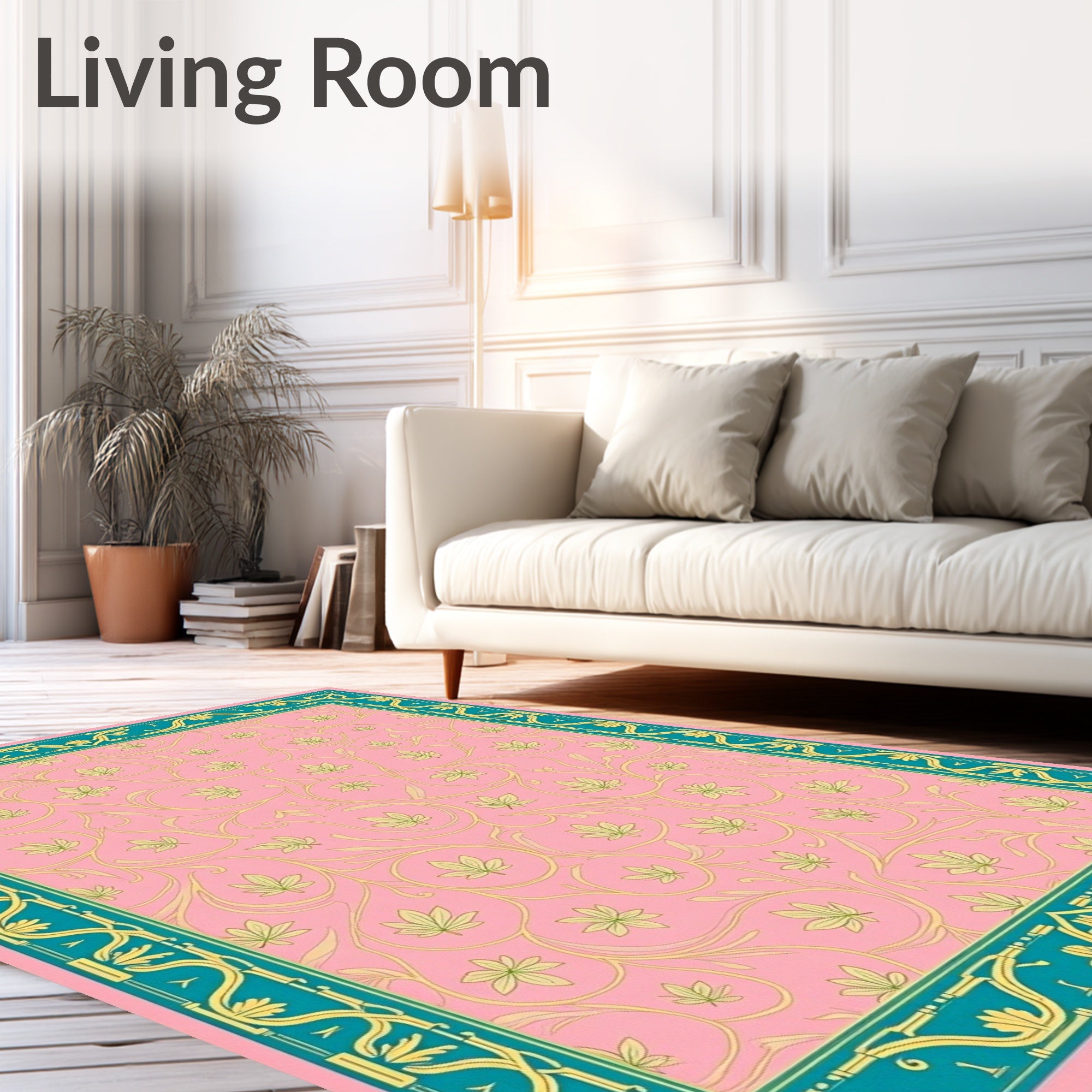 Pink Floral Vines Geometric Border Design Rug