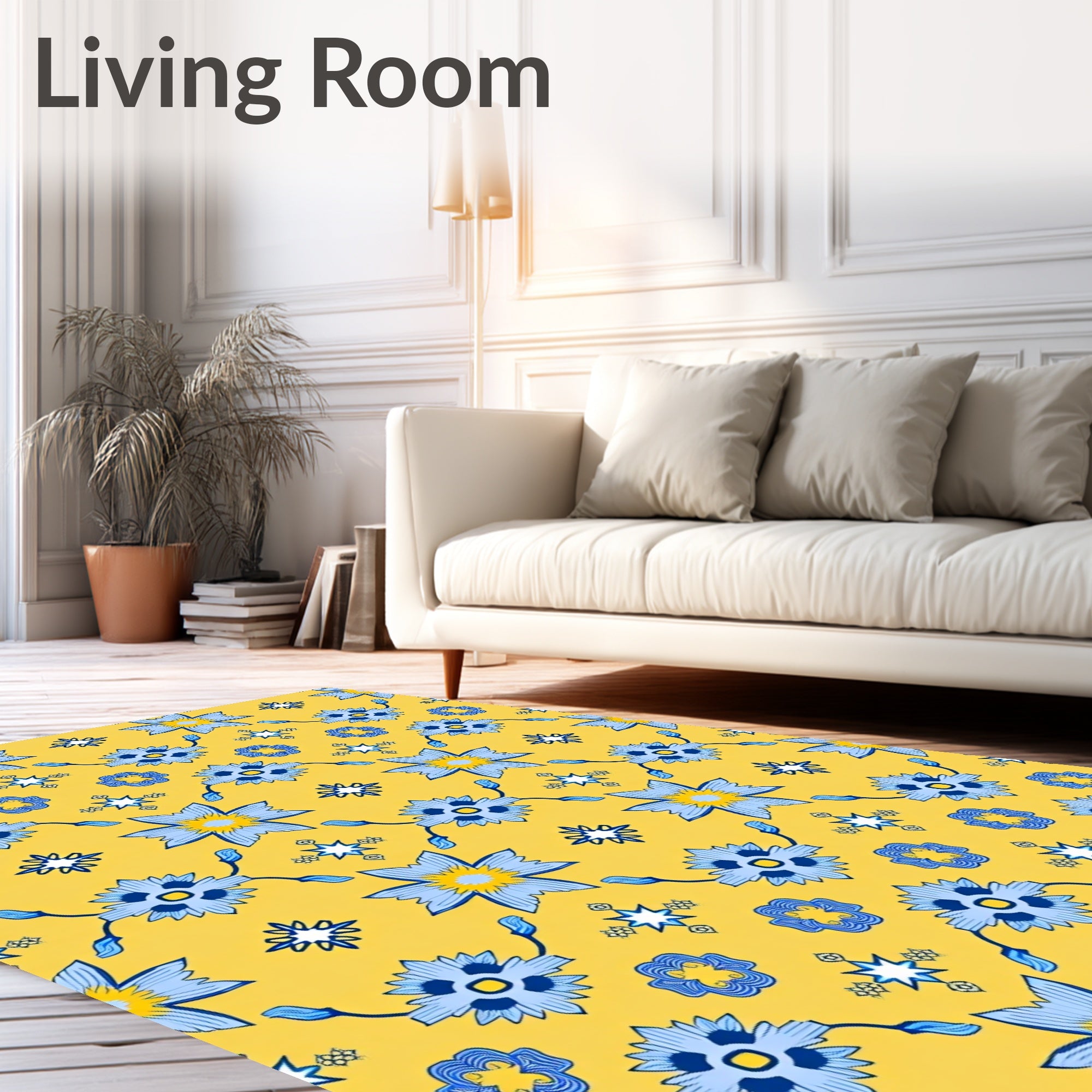 Blue Floral Pattern Yellow Background Rug