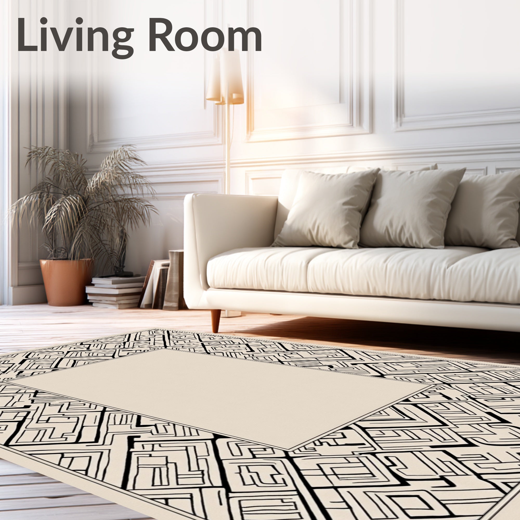 Abstract Black Geometric Maze Pattern Rug