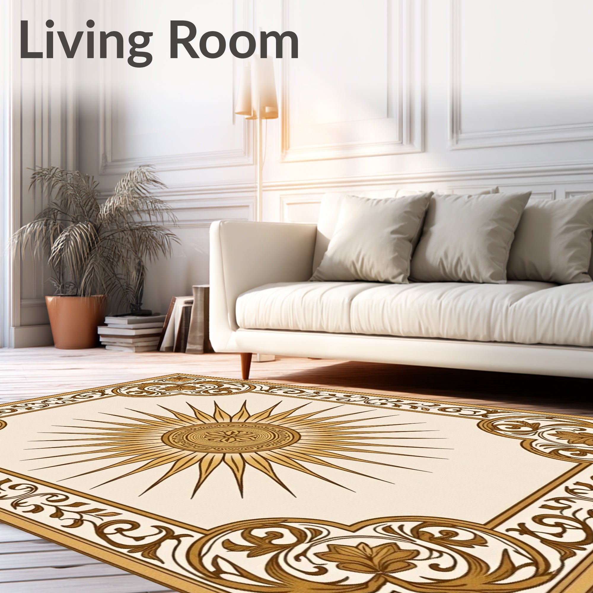 Golden Sunburst Floral Frame Rug
