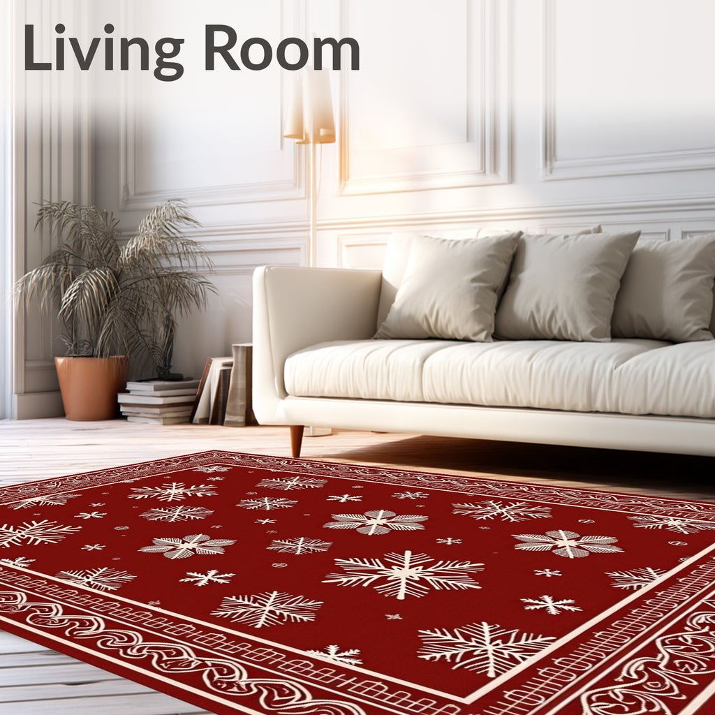 Snowflake Patterned Red Border Rug