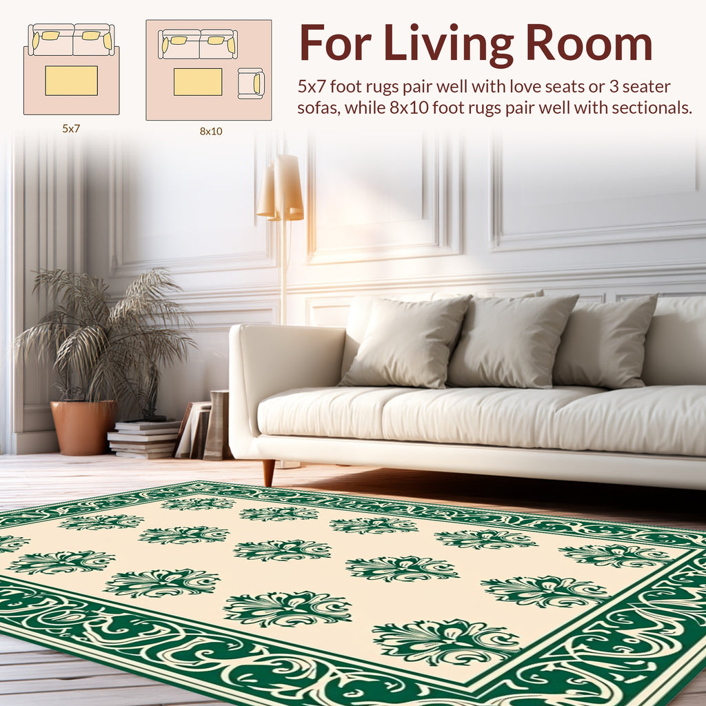Elegant Green Floral Damask Style Rug