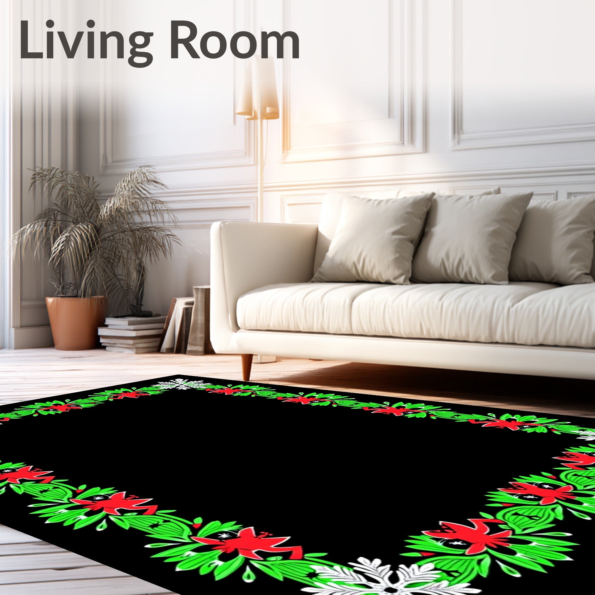 Crimson Red Green Floral Snowflake Border Rug