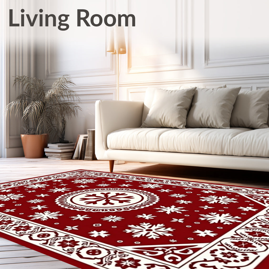 Classic Deep Red Snowflake Pattern Rug