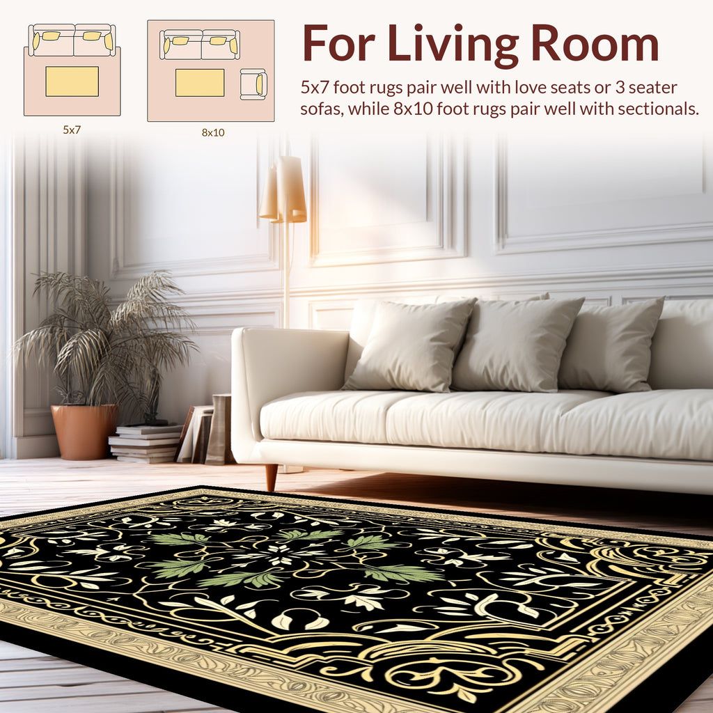 Ornate Black Gold Floral Pattern Rug