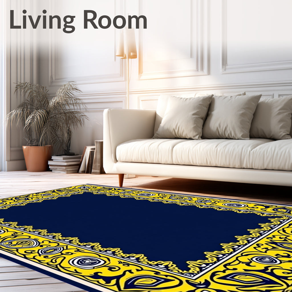 Bold Yellow Navy Floral Frame Design Rug