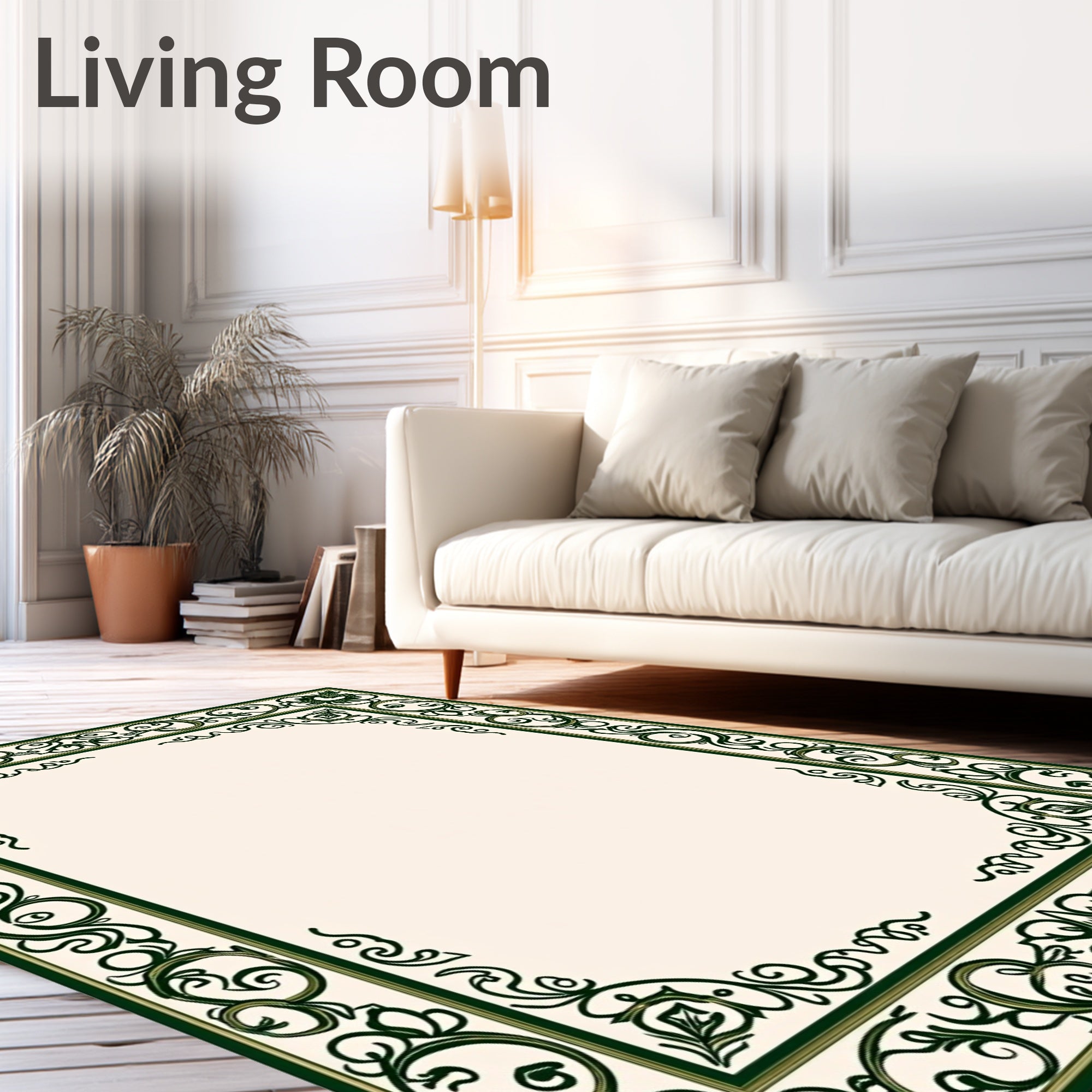 Elegant Emerald Floral Scroll Border Rug