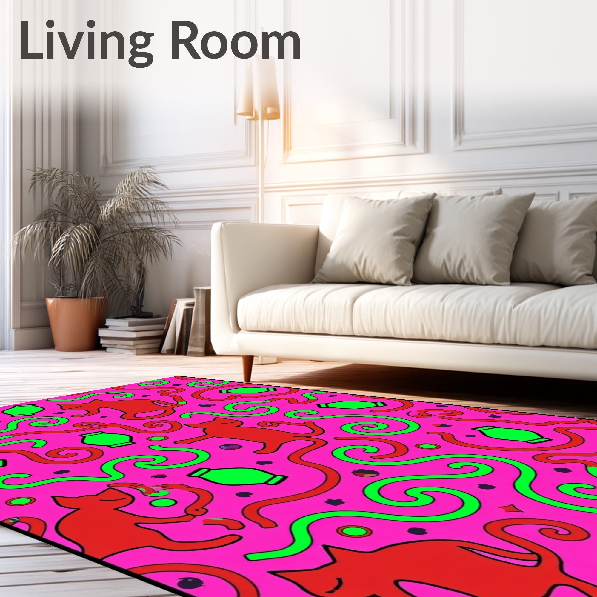 Playful Red Cats Green Swirls Pattern Rug