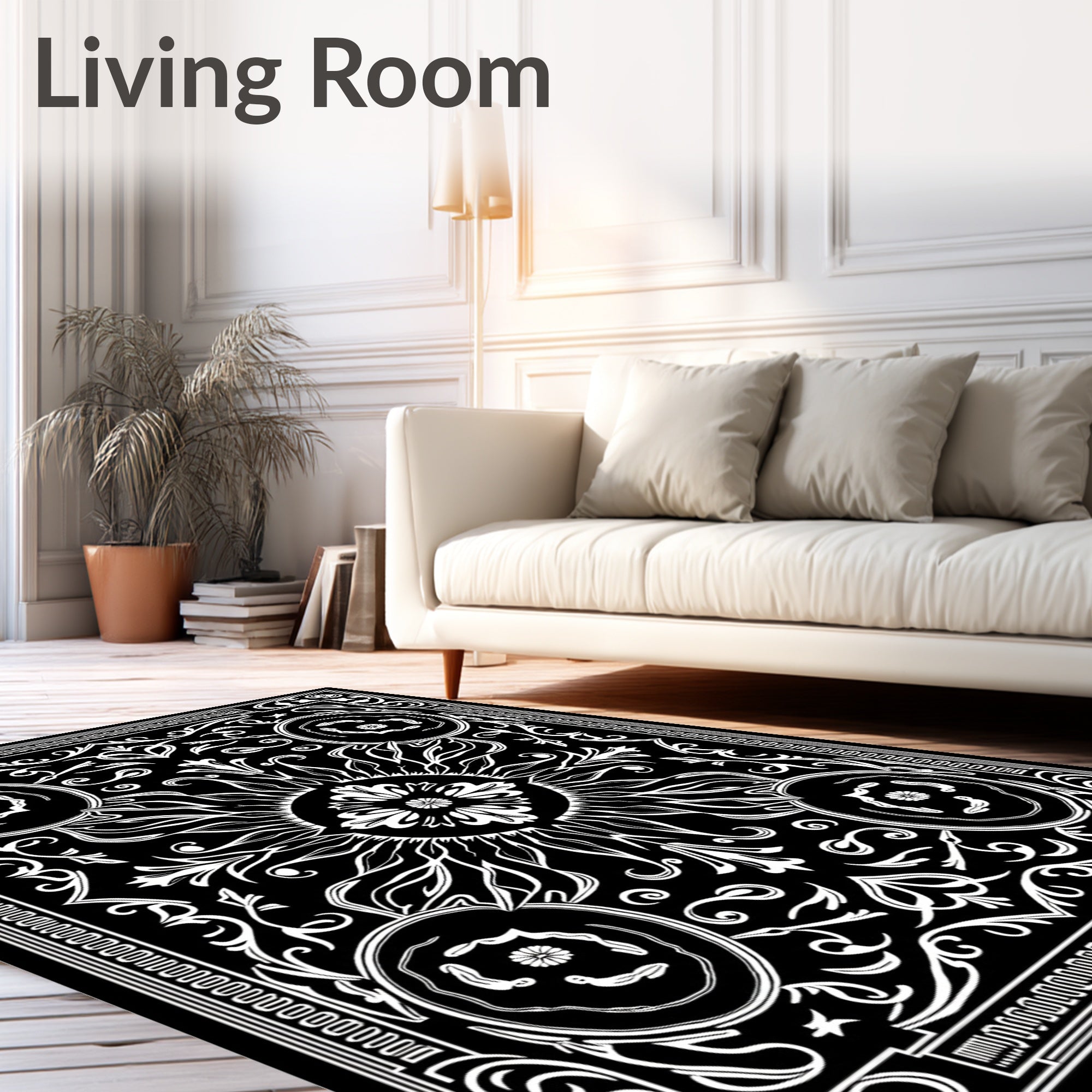 Black White Sun Floral Pattern Rug