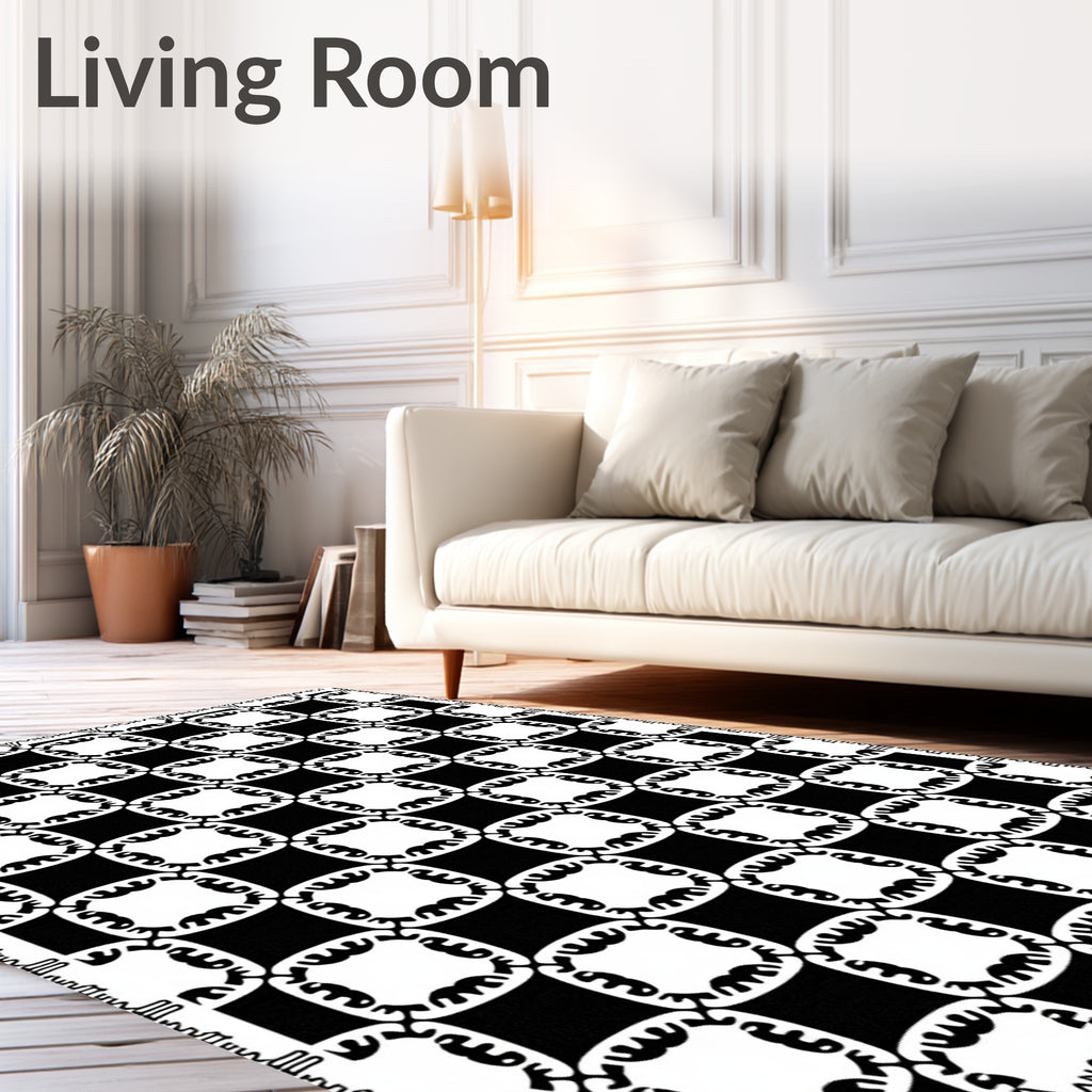 Bold Black White Interlocking Grid Rug