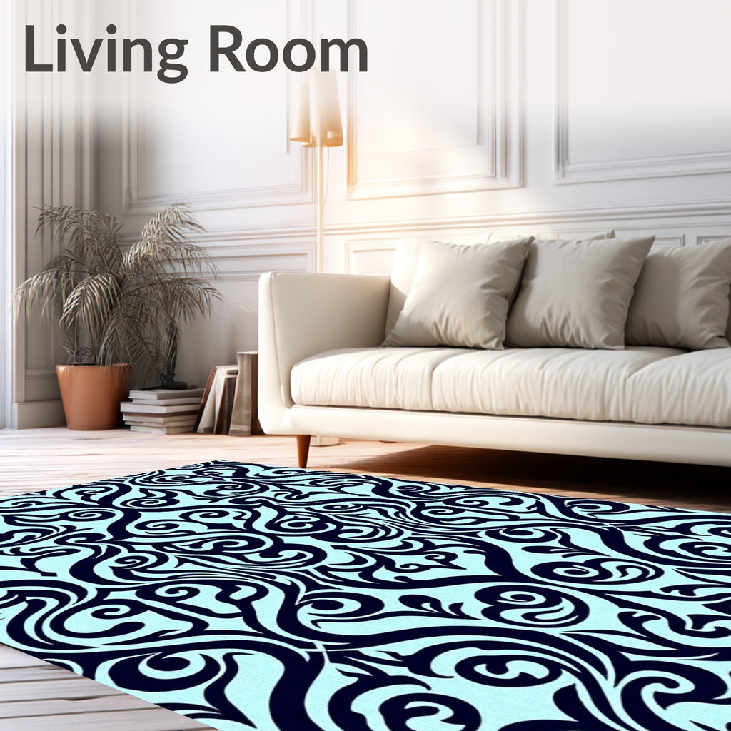 Ornate Scrollwork Dark Blue Light Blue Rug
