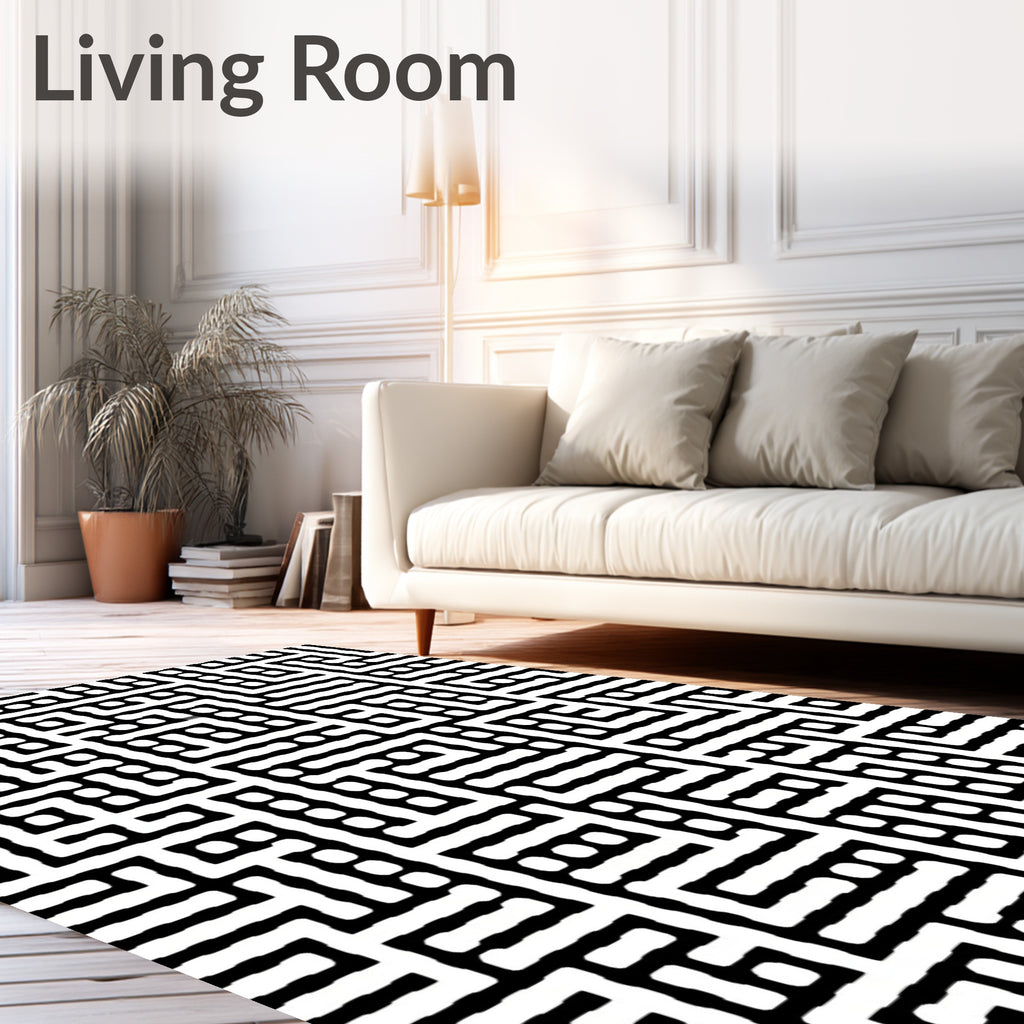 Modern Black White Geometric Maze Pattern Rug