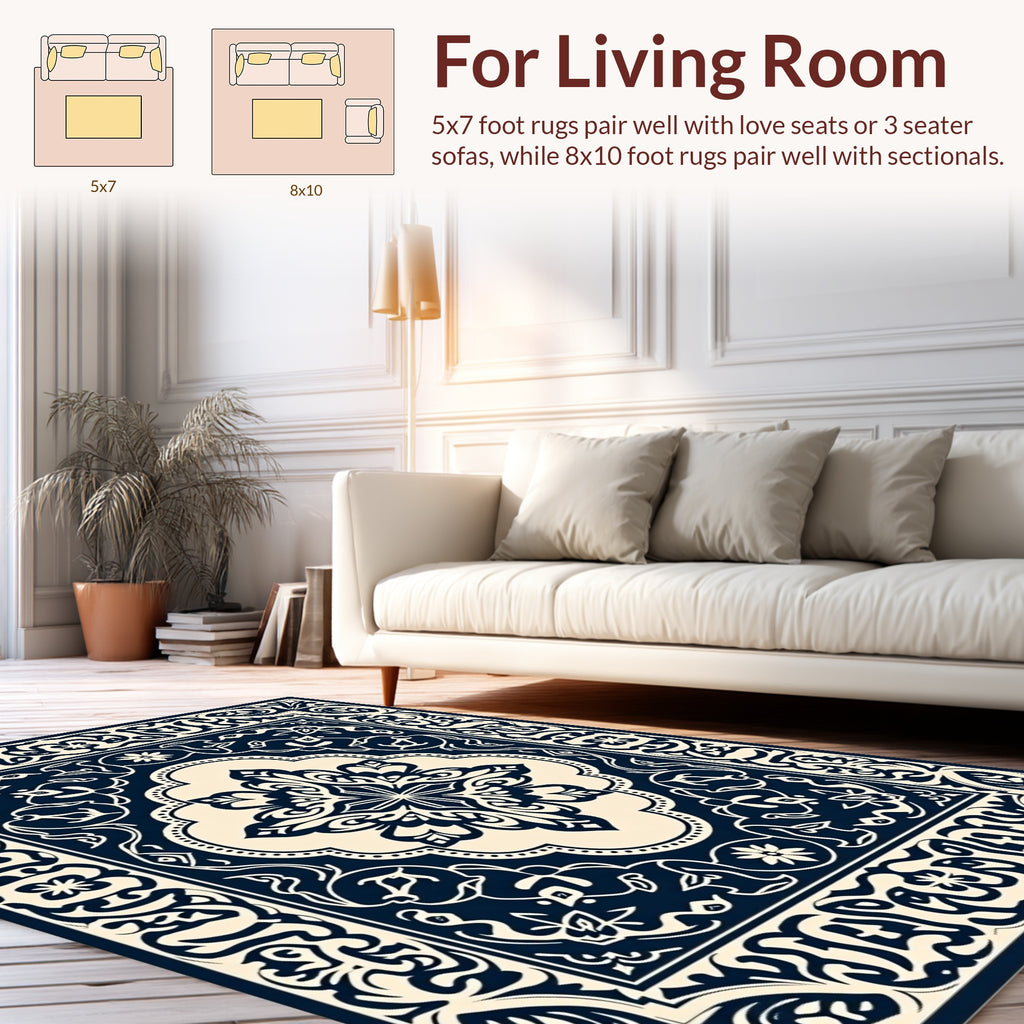 Classic Dark Blue Floral Medallion Rug