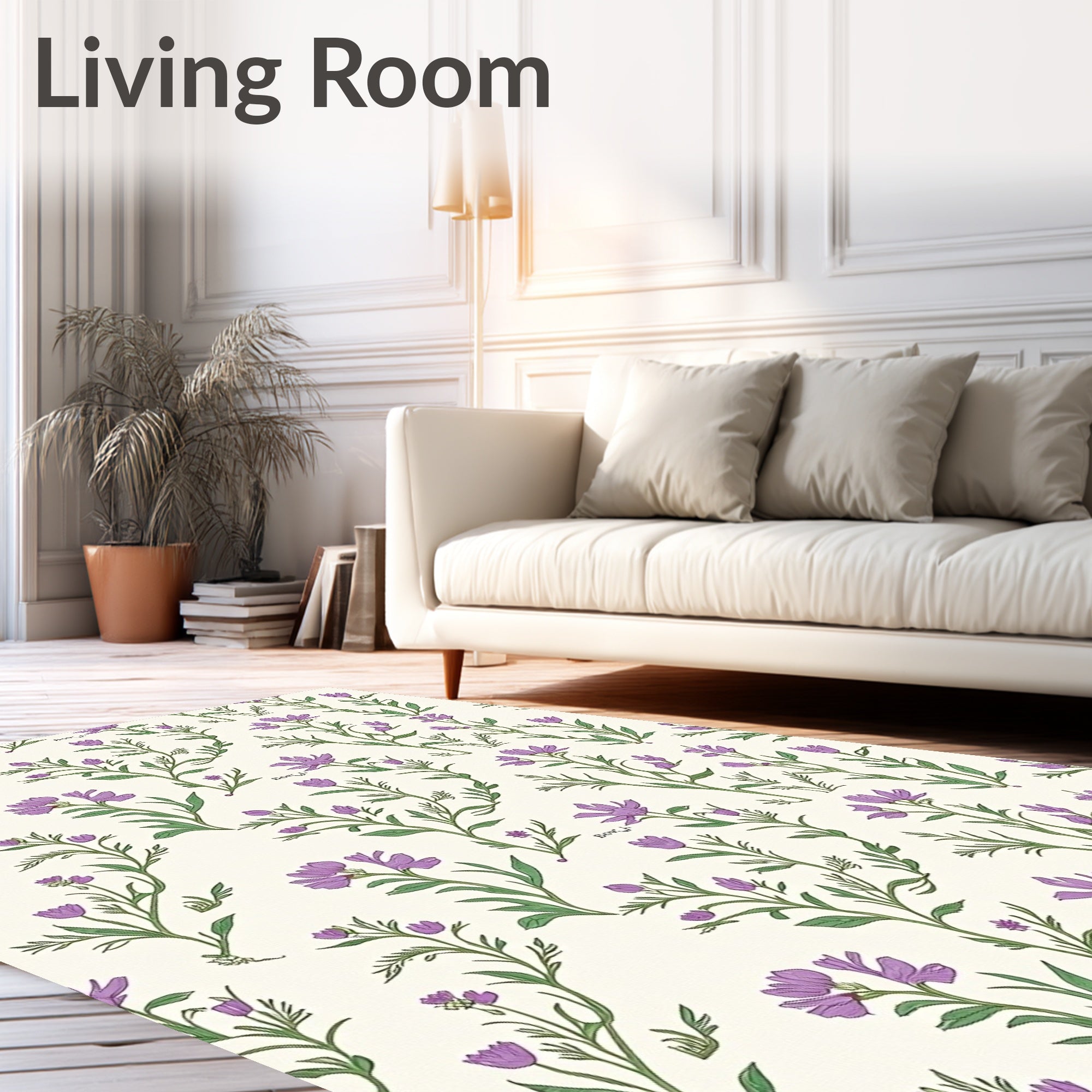 Purple Floral Pattern With Green Stems Rug