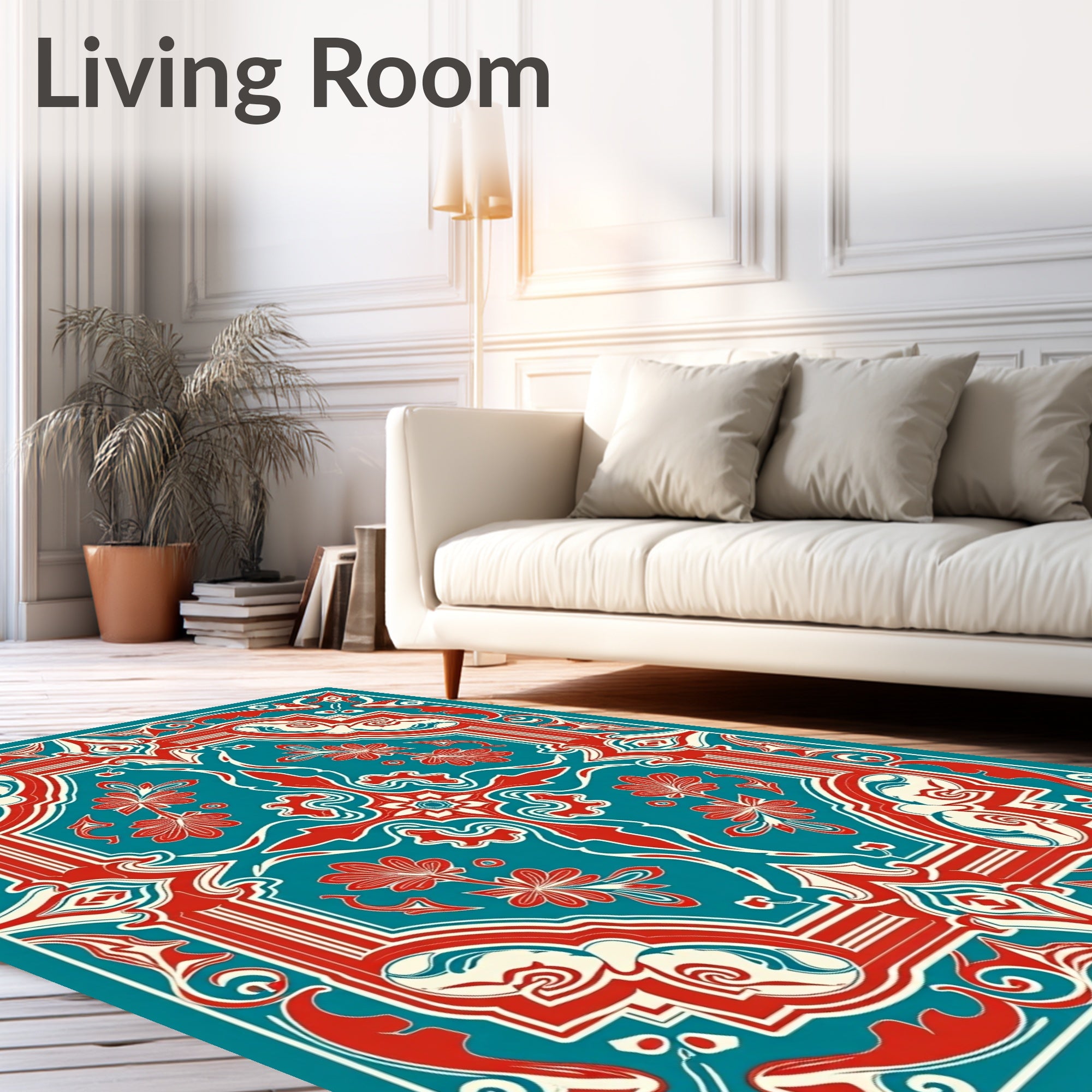 Red Teal Cream Floral Ornate Rug