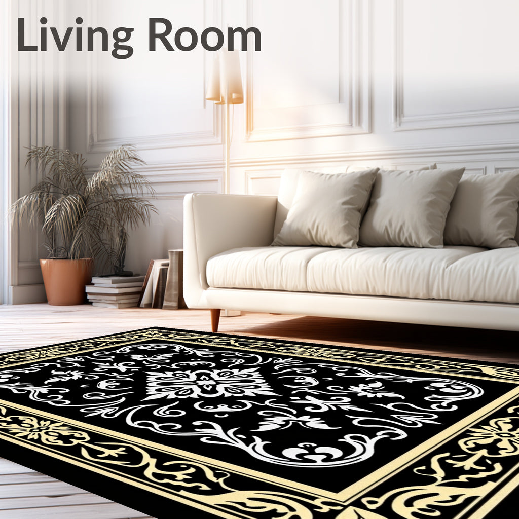Ornate Black White Floral Border Rug