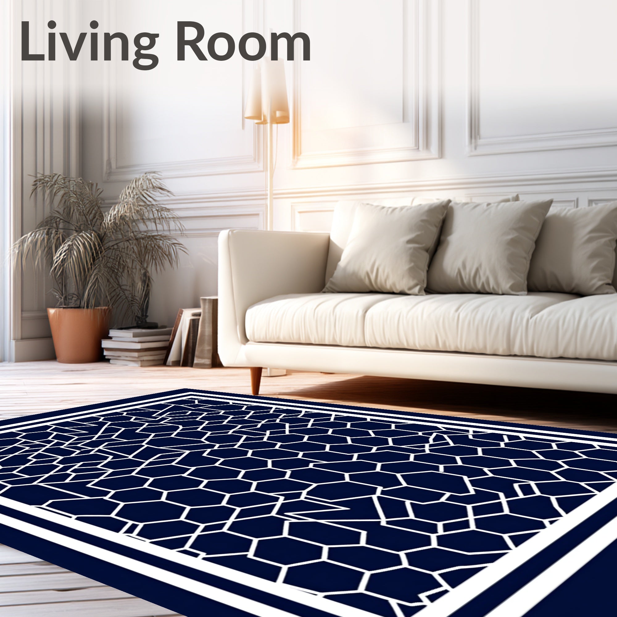 Geometric Honeycomb White On Navy Rug