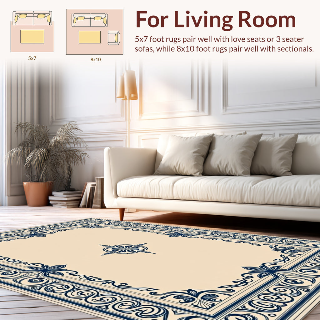 Navy Floral Border Ornate Design Rug
