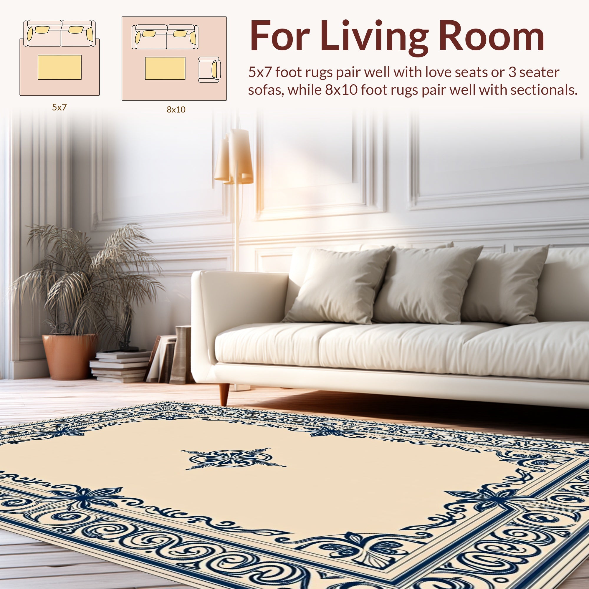 Navy Floral Border Ornate Design Rug