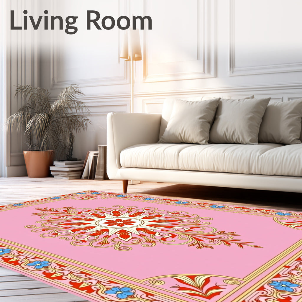 Elegant Pink Floral Medallion Border Rug