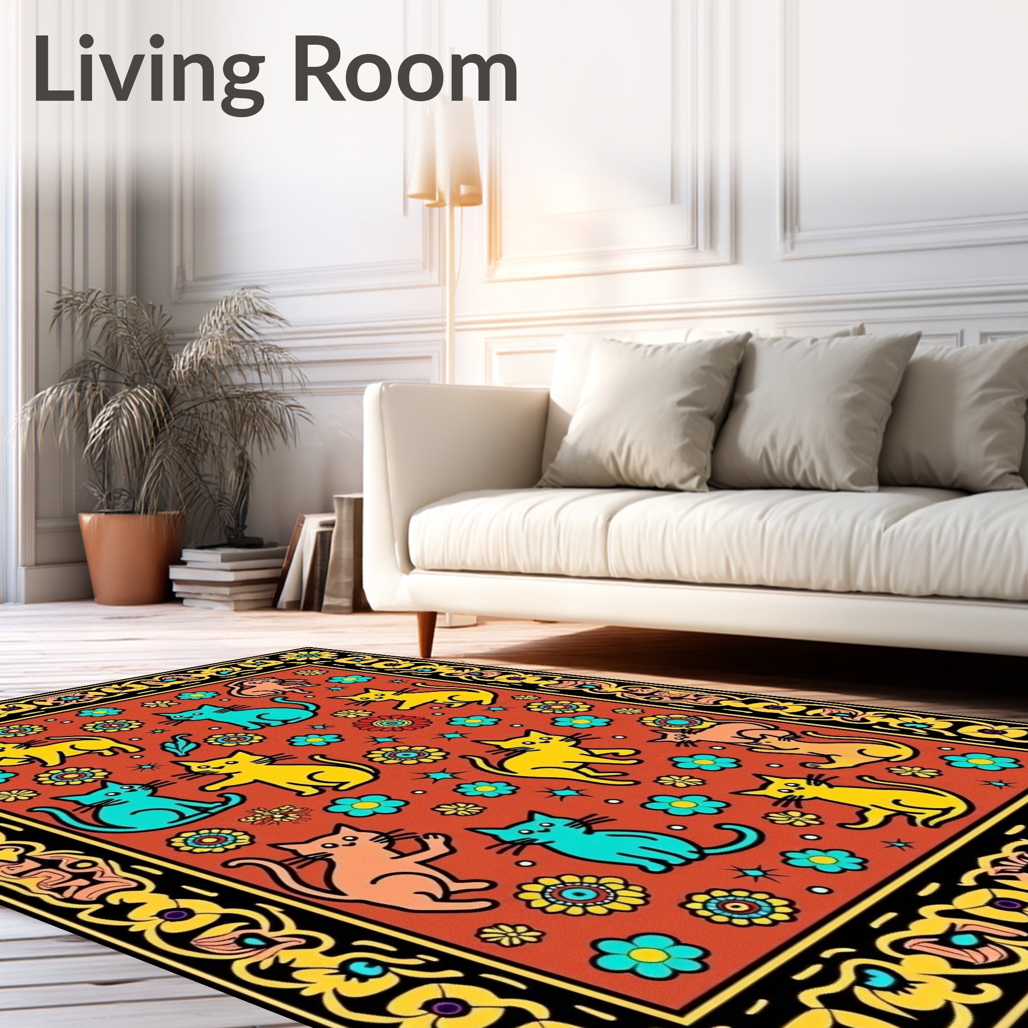 Whimsical Cats Flowers Playful Pattern Rug