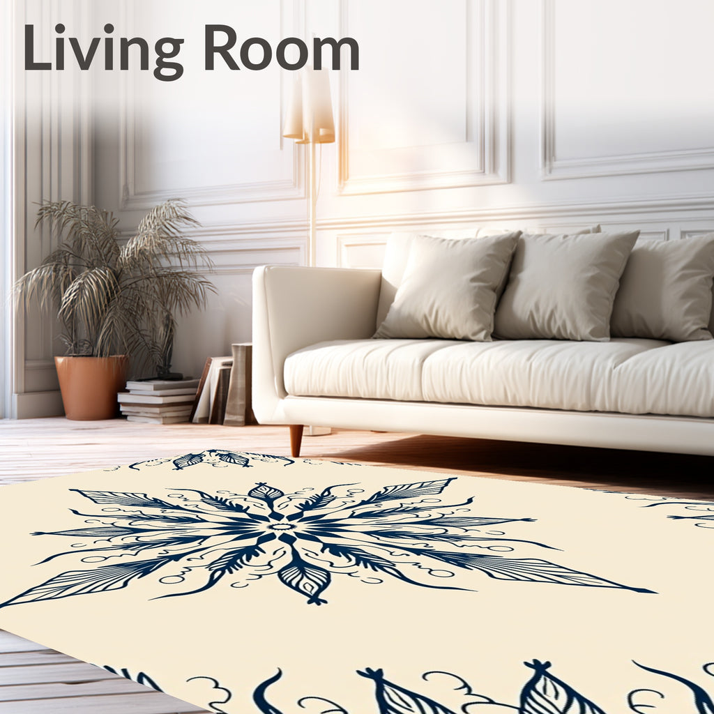 Elegant Dark Blue Mandala Pattern Rug