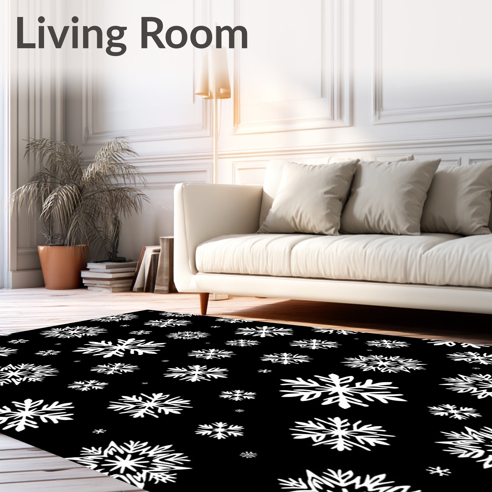 Chic White Snowflake Scatter Black Rug