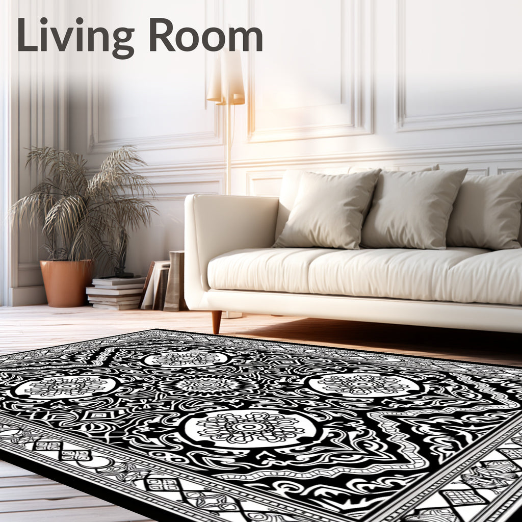 Intricate Black White Floral Border Rug