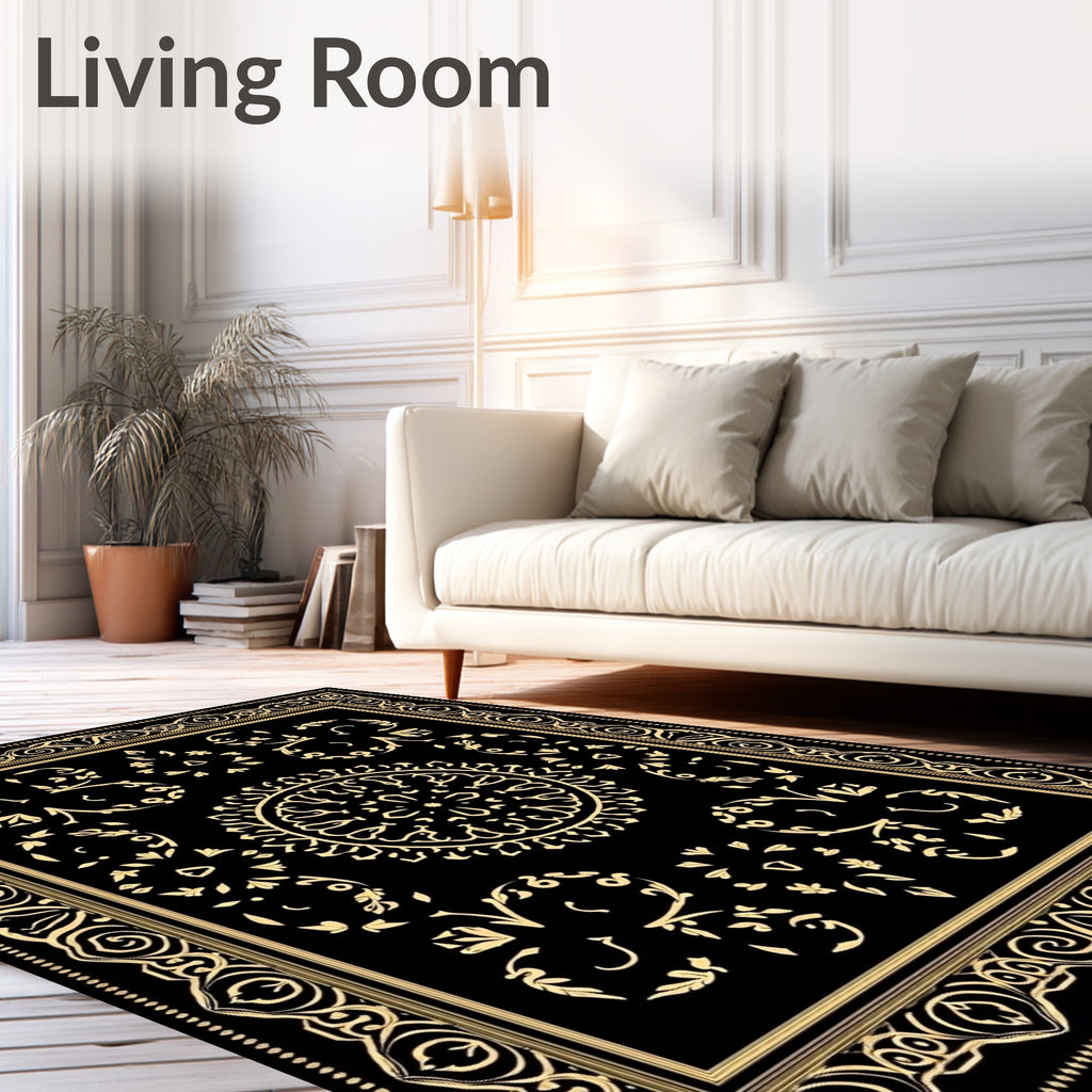 Black Gold Intricate Mandala Design Rug