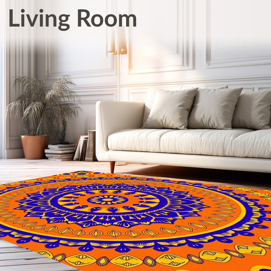 Bold Orange Blue Sunburst Pattern Rug