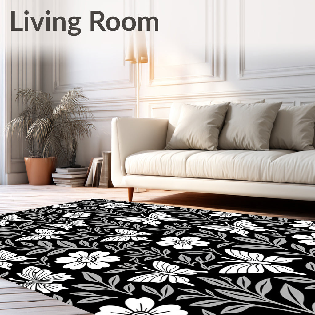Chic Black White Butterfly Floral Design Rug