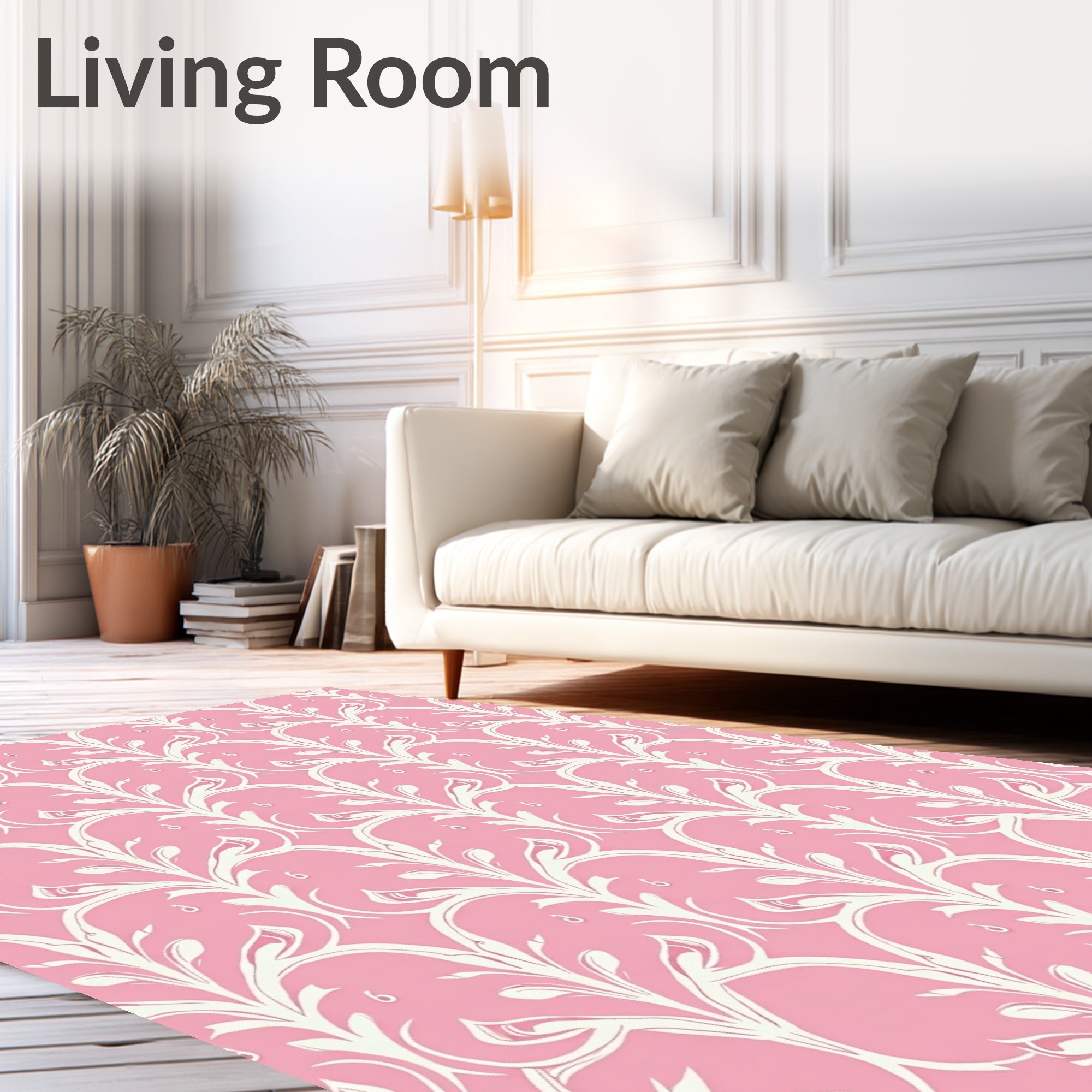Pale Pink White Floral Damask Rug