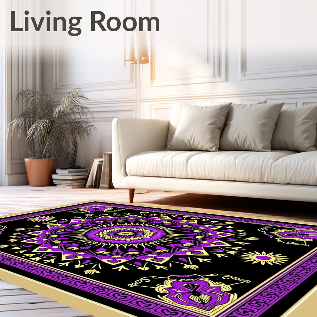 Vibrant Purple Yellow Mandala Pattern Rug