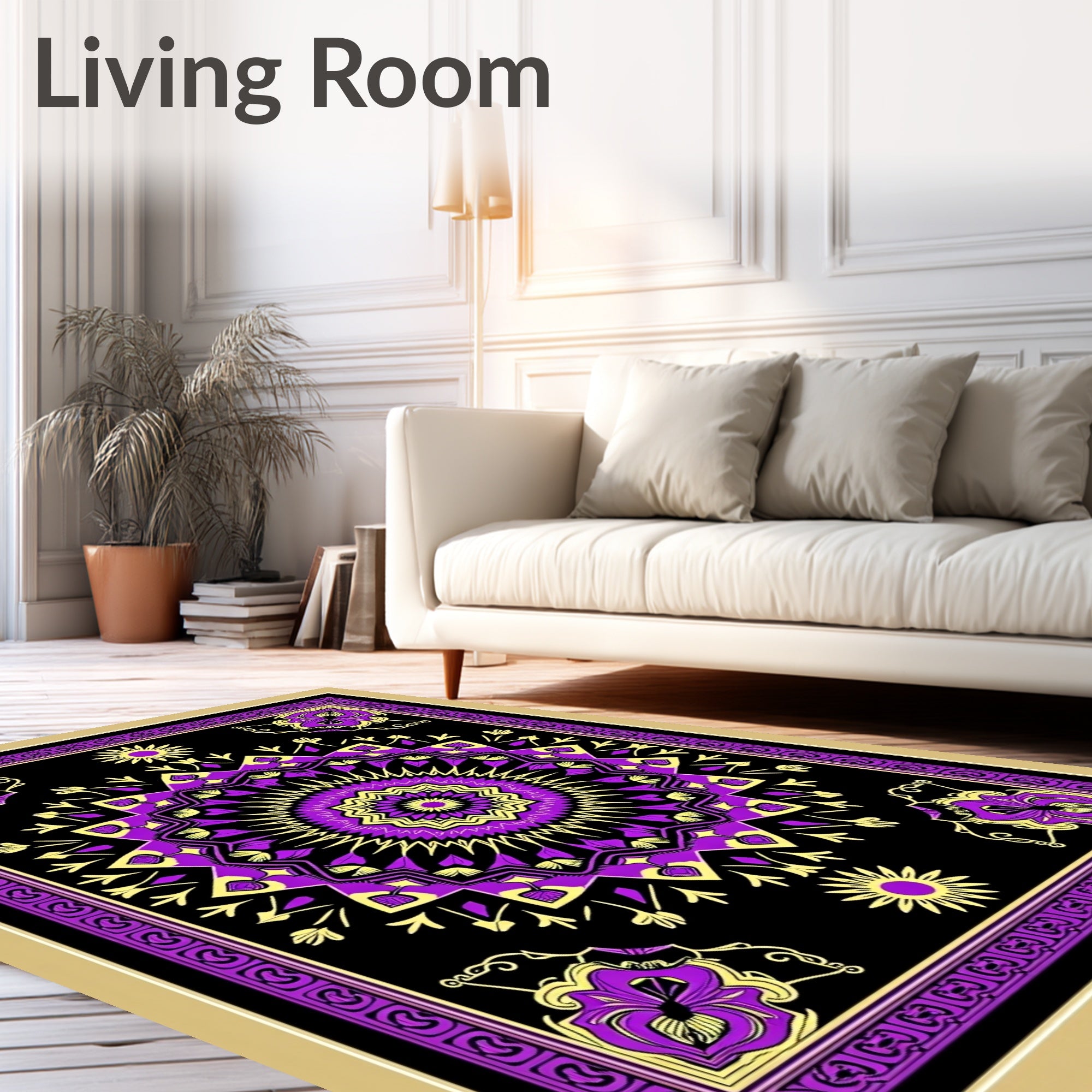 Vibrant Purple Yellow Mandala Pattern Rug