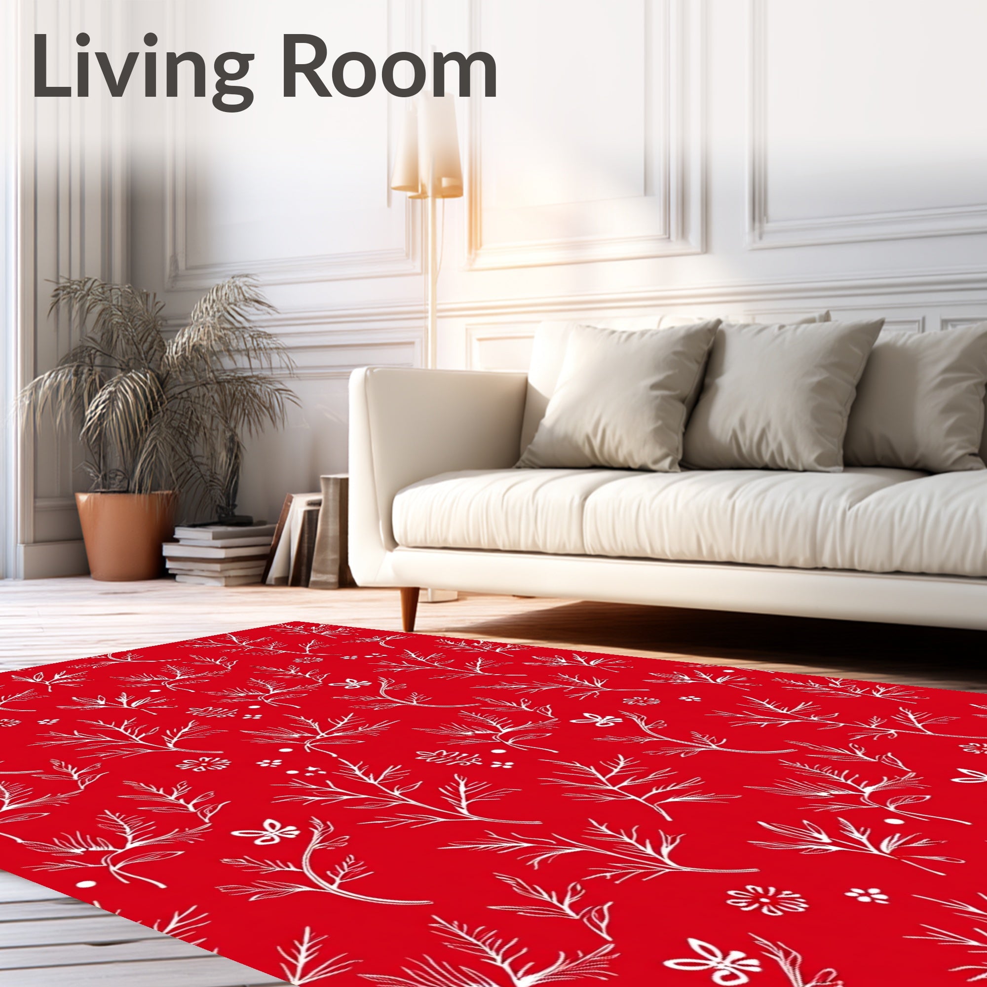 Delicate Floral Branches White on Red Rug