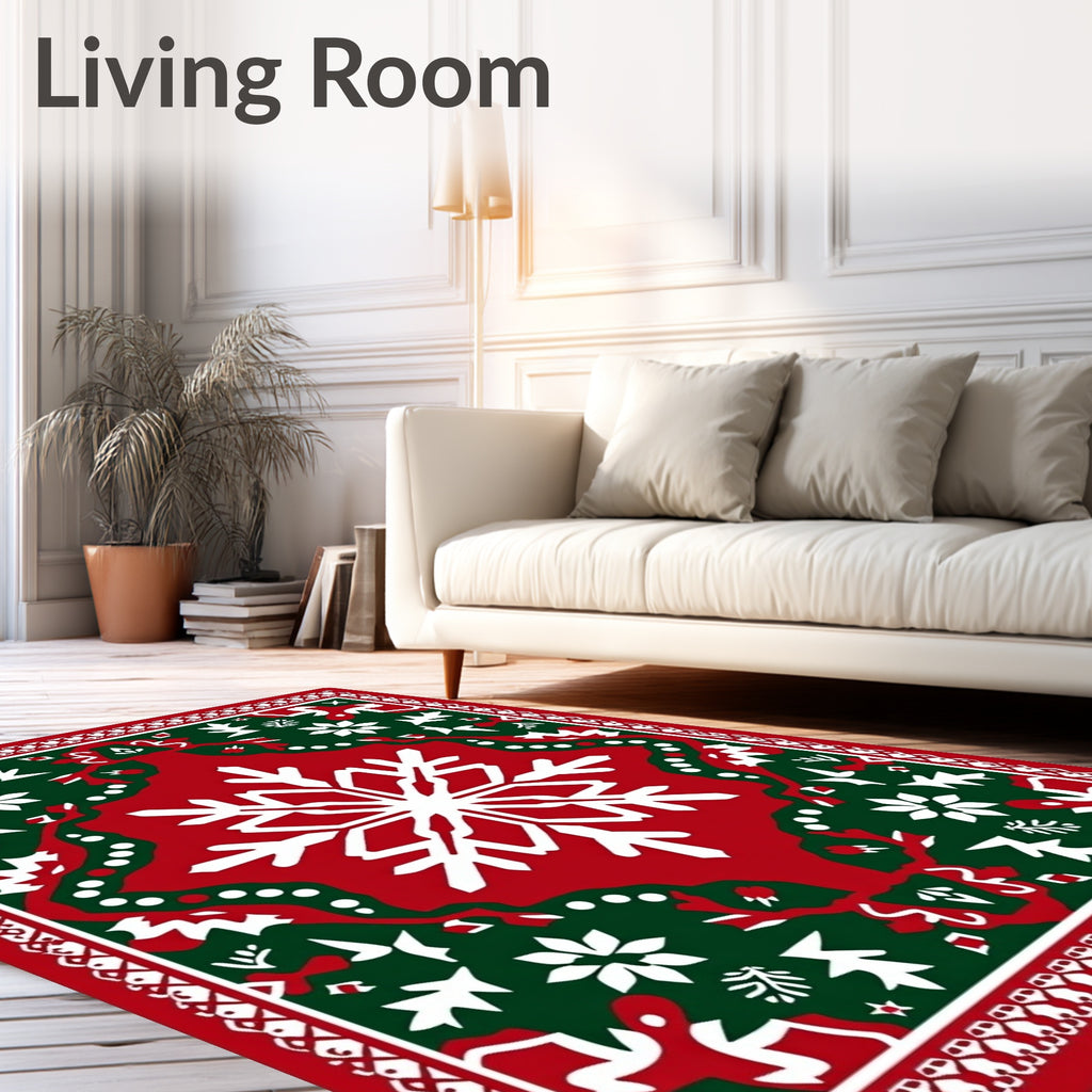 Red Green Snowflake Holly Border Rug