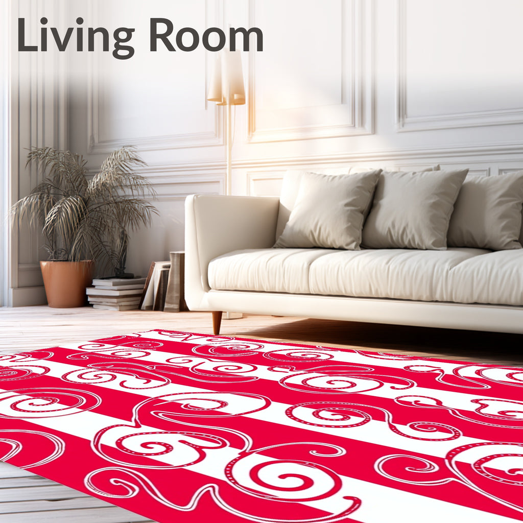 Crimson White Whimsical Swirl Stripes Rug